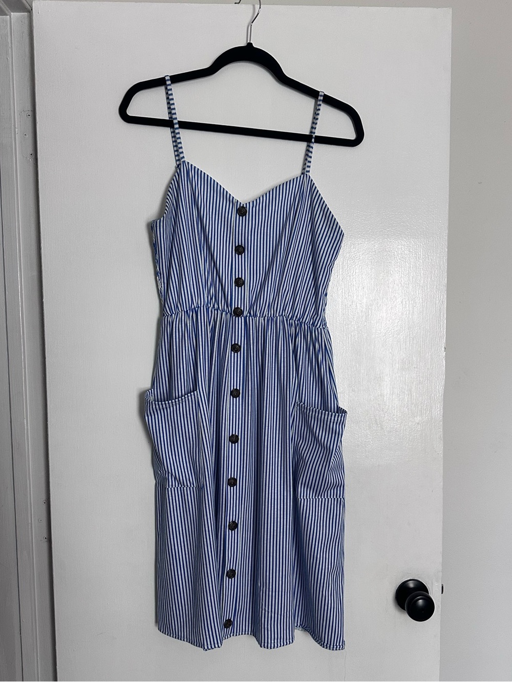Striped Blue & White Button-Front Spaghetti Midi Dress